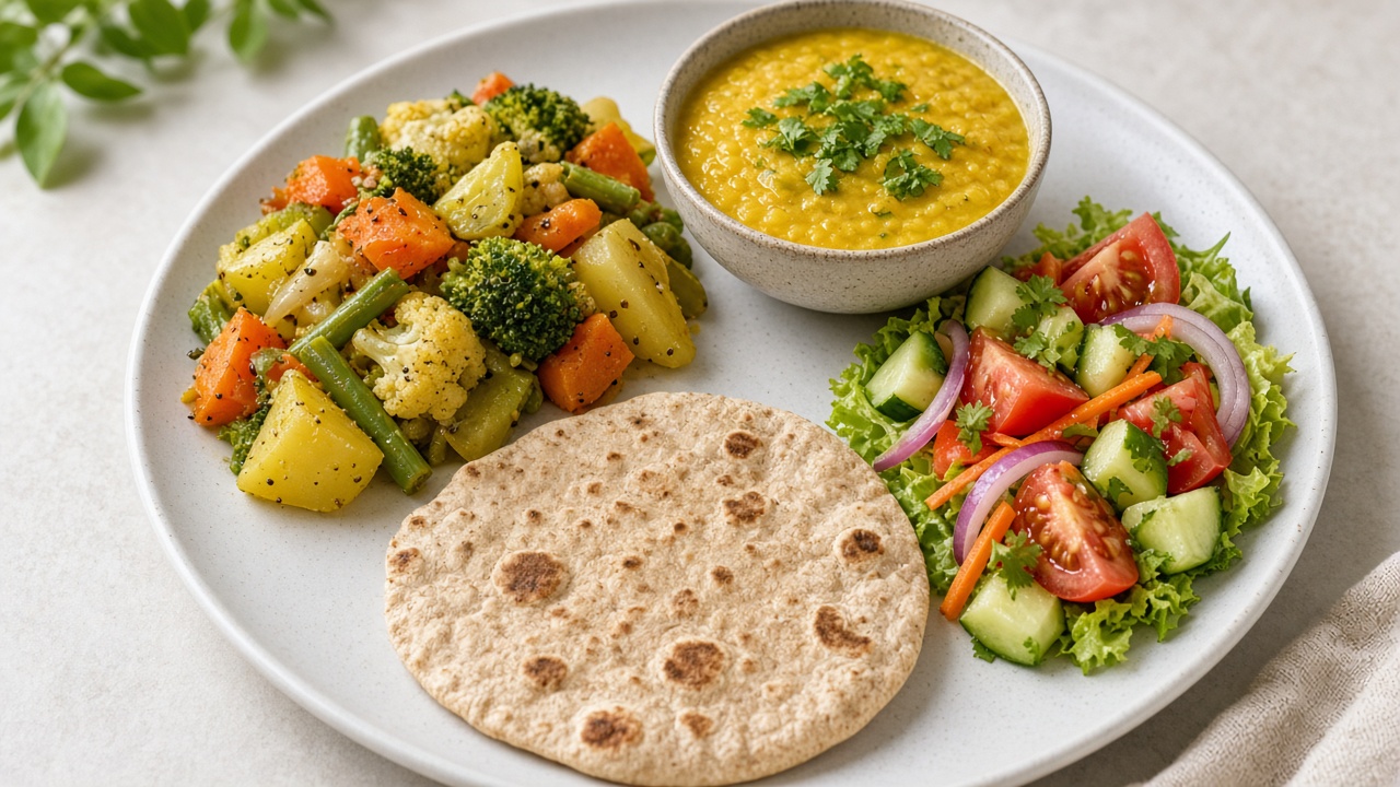 Vegetable-heavy Indian plate with dal, salad and one roti