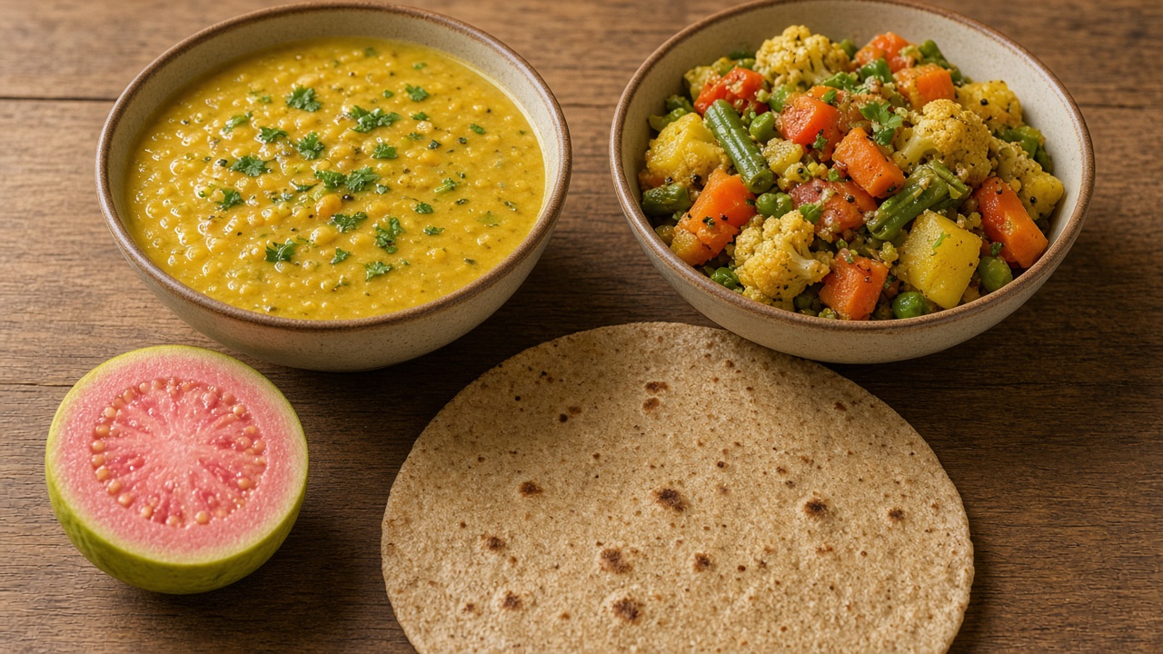 Indian high fibre meal with dal, vegetables, fruit and millet roti