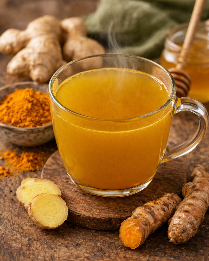 Steaming glass mug of golden ginger turmeric tea with fresh ginger, turmeric root, turmeric powder, and honey
